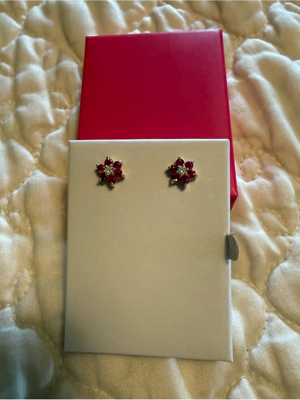 Classic Red Flower Stud Earrings - Round Lab Created Rubies, 14K gold plated